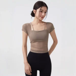 Women Mesh Yoga Top with Built In Bra