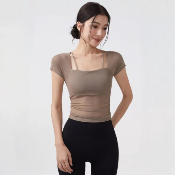 Women Mesh Yoga Top with Built In Bra